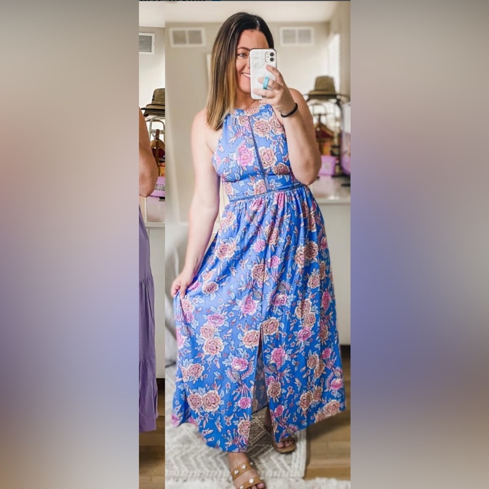 Blue Floral Halter Maxi Dress - Casual Summer Dress